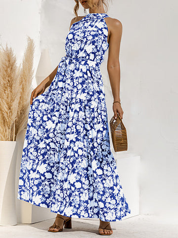 Woochic robe longue imprimé à fleurie licou sans manches élégant de plage Bleu S